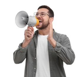 Photo of Special promotion. Man shouting in megaphone on white background