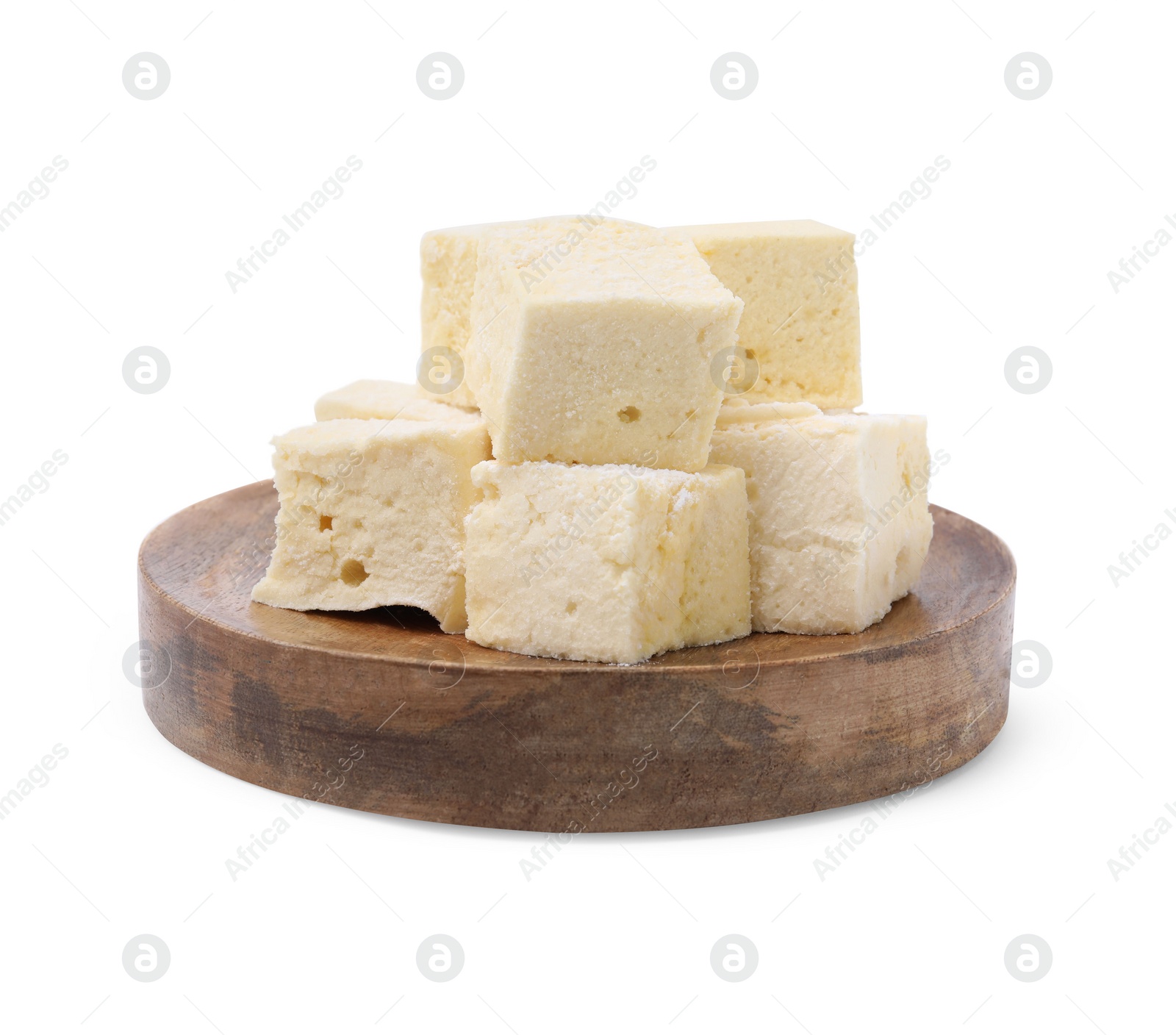 Photo of Many yellow tasty marshmallows on white background