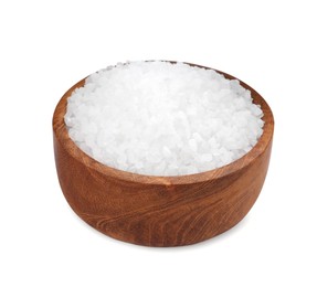 Photo of Wooden bowl with natural sea salt isolated on white