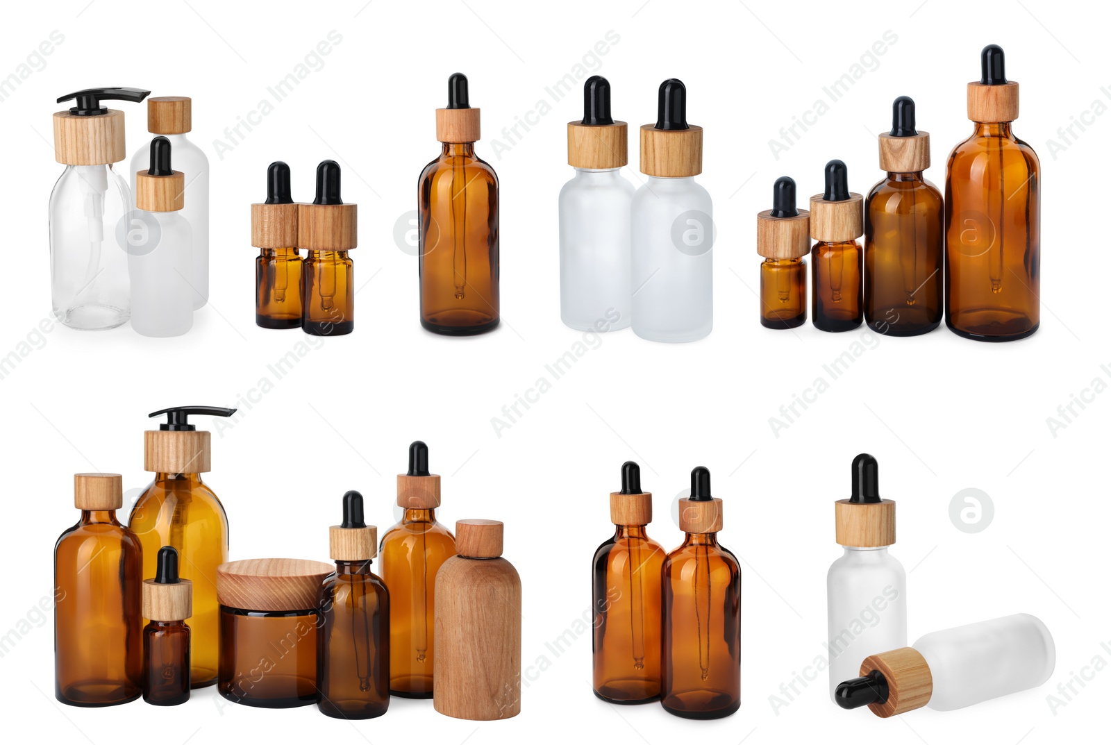 Image of Collage with different bottles isolated on white