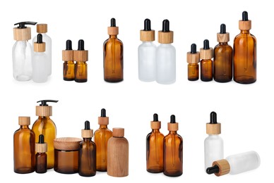 Image of Collage with different bottles isolated on white