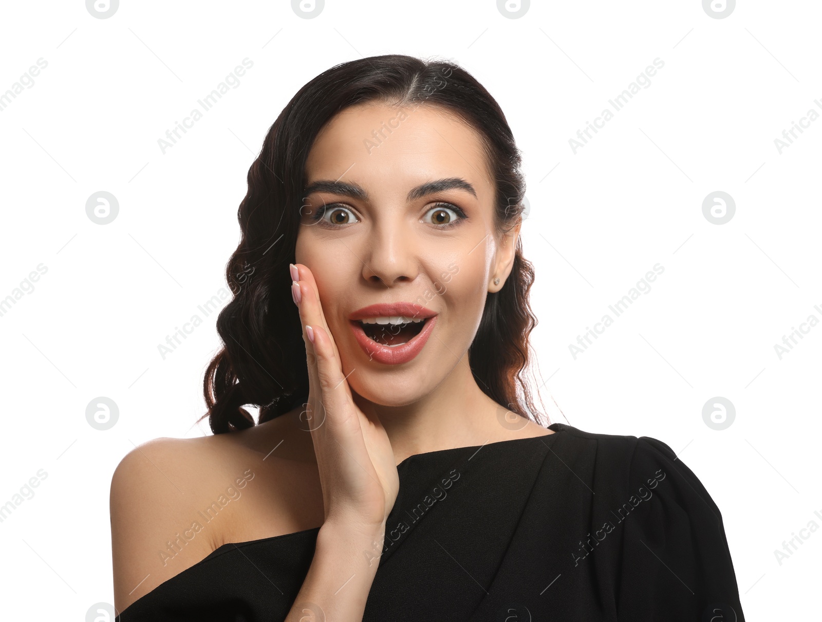 Photo of Portrait of surprised woman on white background