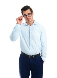 Photo of Young man with glasses on white background