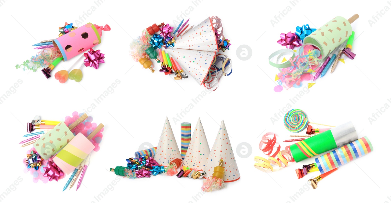 Image of Collage with poppers and other party items isolated on white