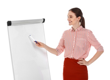 Photo of Professional business trainer near flip chart board on white background. Space for text