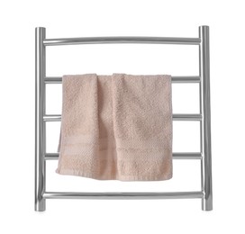 Photo of Modern heated towel rail with warm soft towel isolated on white