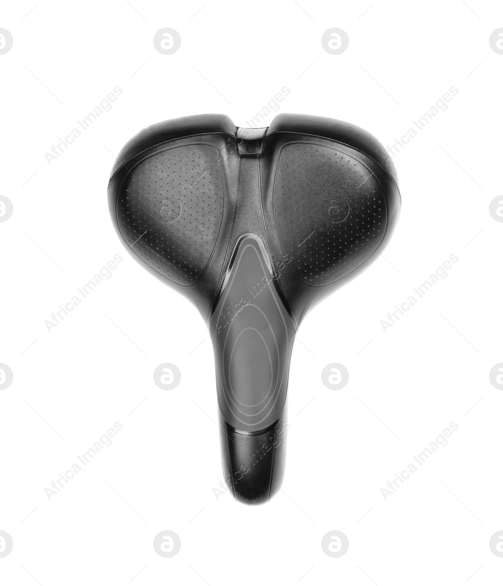 Photo of Black leather bicycle saddle on white background