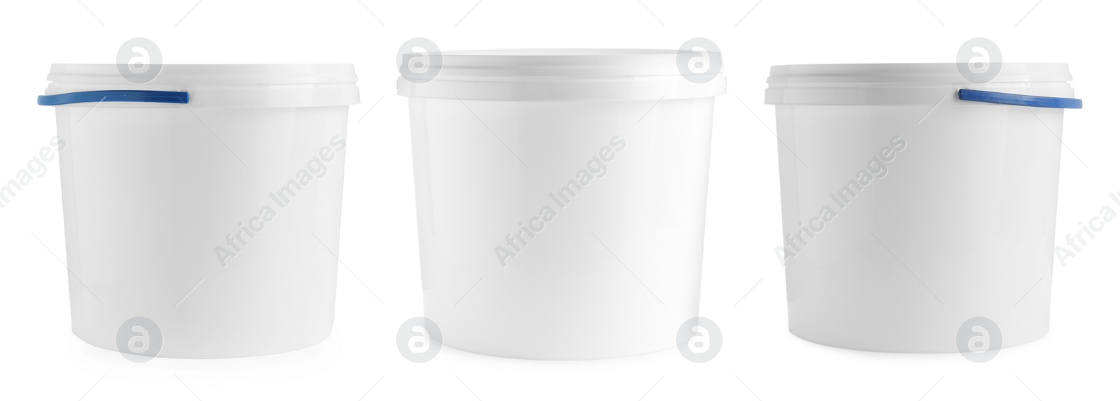 Image of Plastic buckets with lids isolated on white, set