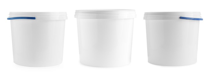 Image of Plastic buckets with lids isolated on white, set