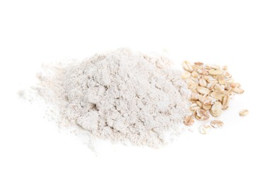 Photo of Pile of oatmeal flour and flakes isolated on white