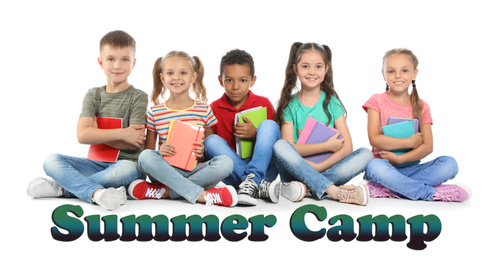 Group of little children with school supplies on white background. Summer camp