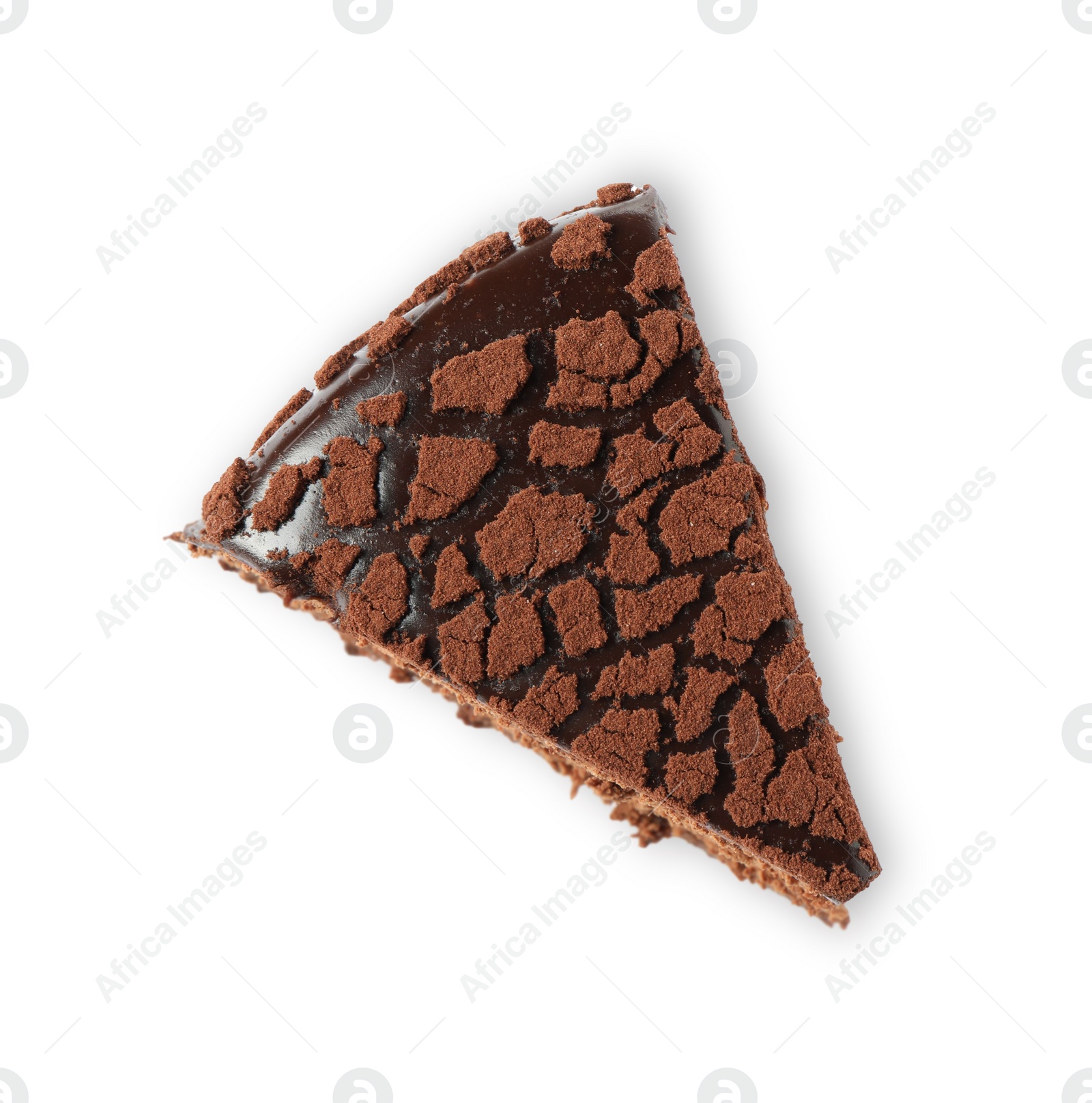 Photo of Piece of delicious chocolate truffle cake isolated on white, top view