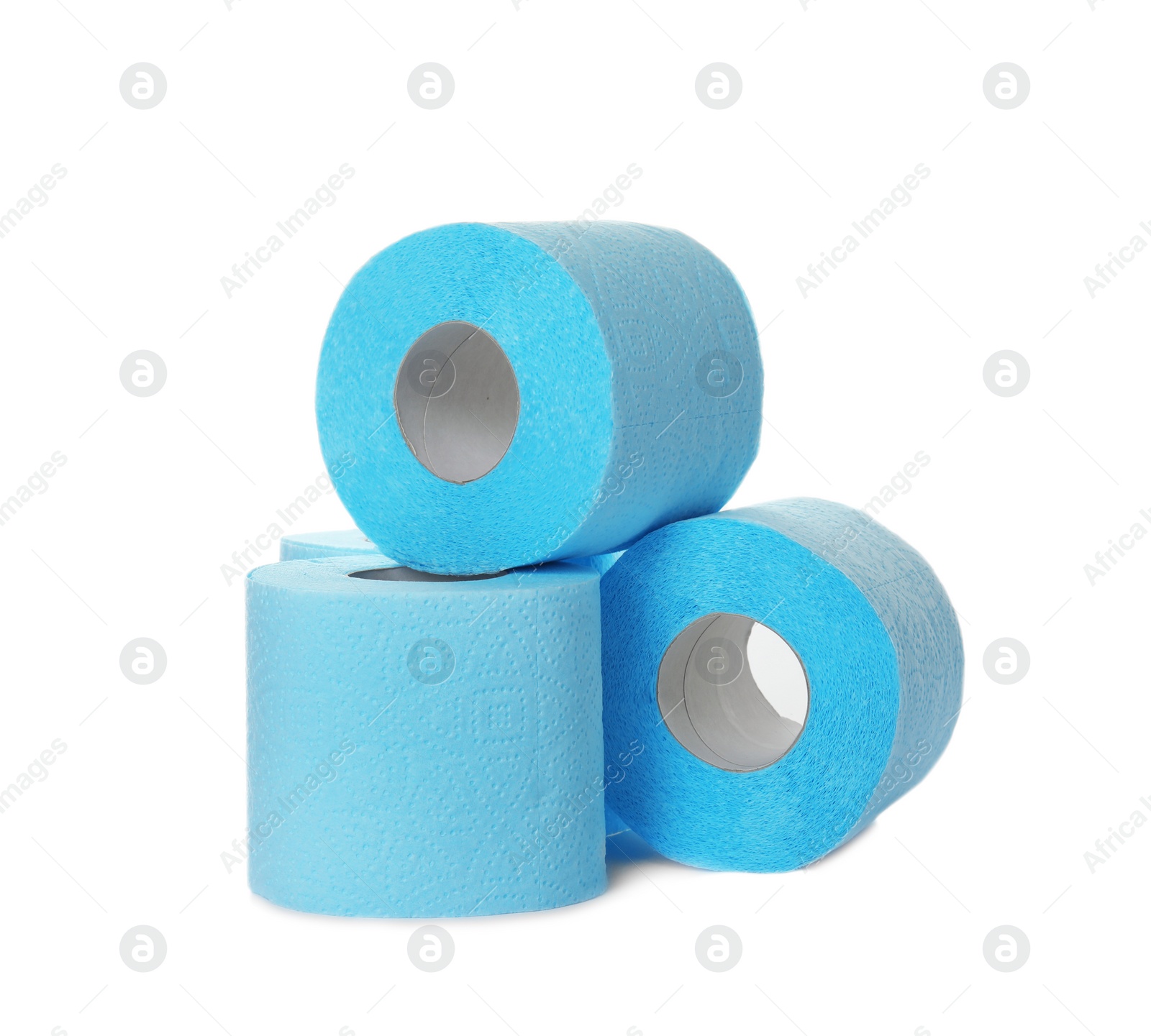 Photo of Color toilet paper rolls on white background