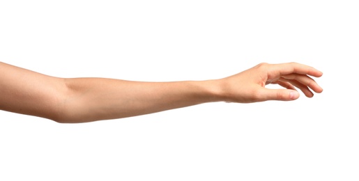 Young woman holding hand on white background, closeup