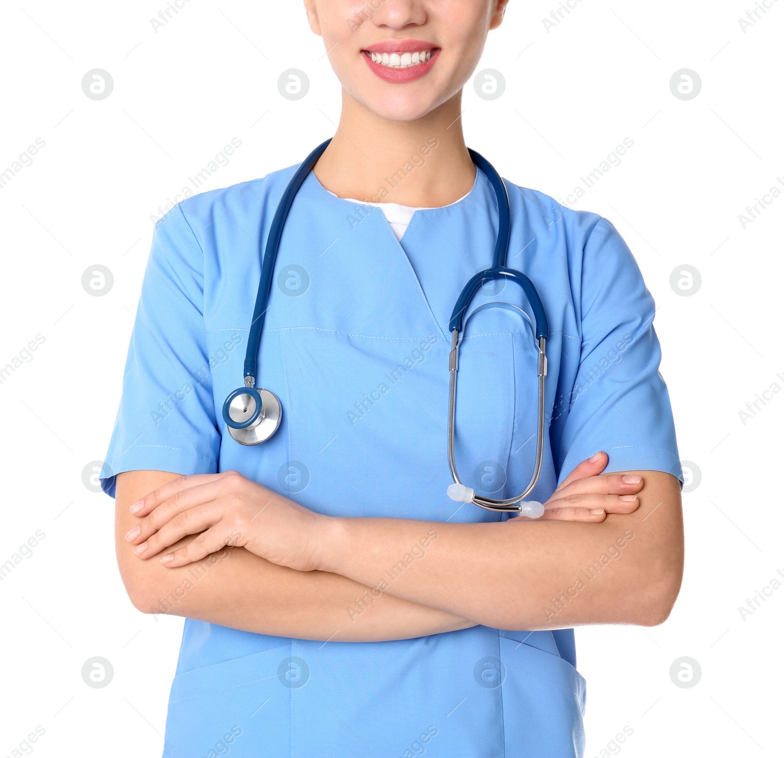 Photo of Young medical student on white background, closeup