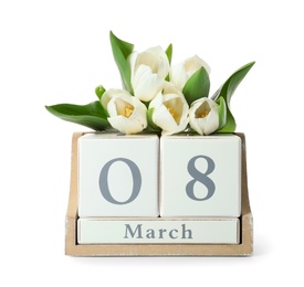 Photo of Wooden block calendar with date 8th of March and tulips on white background. International Women's Day