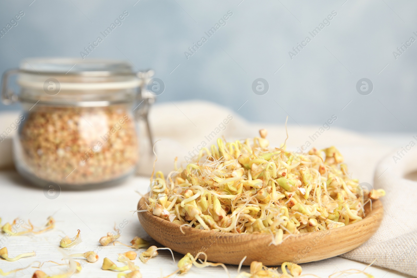 Photo of Plate of sprouted green buckwheat on white wooden table, closeup