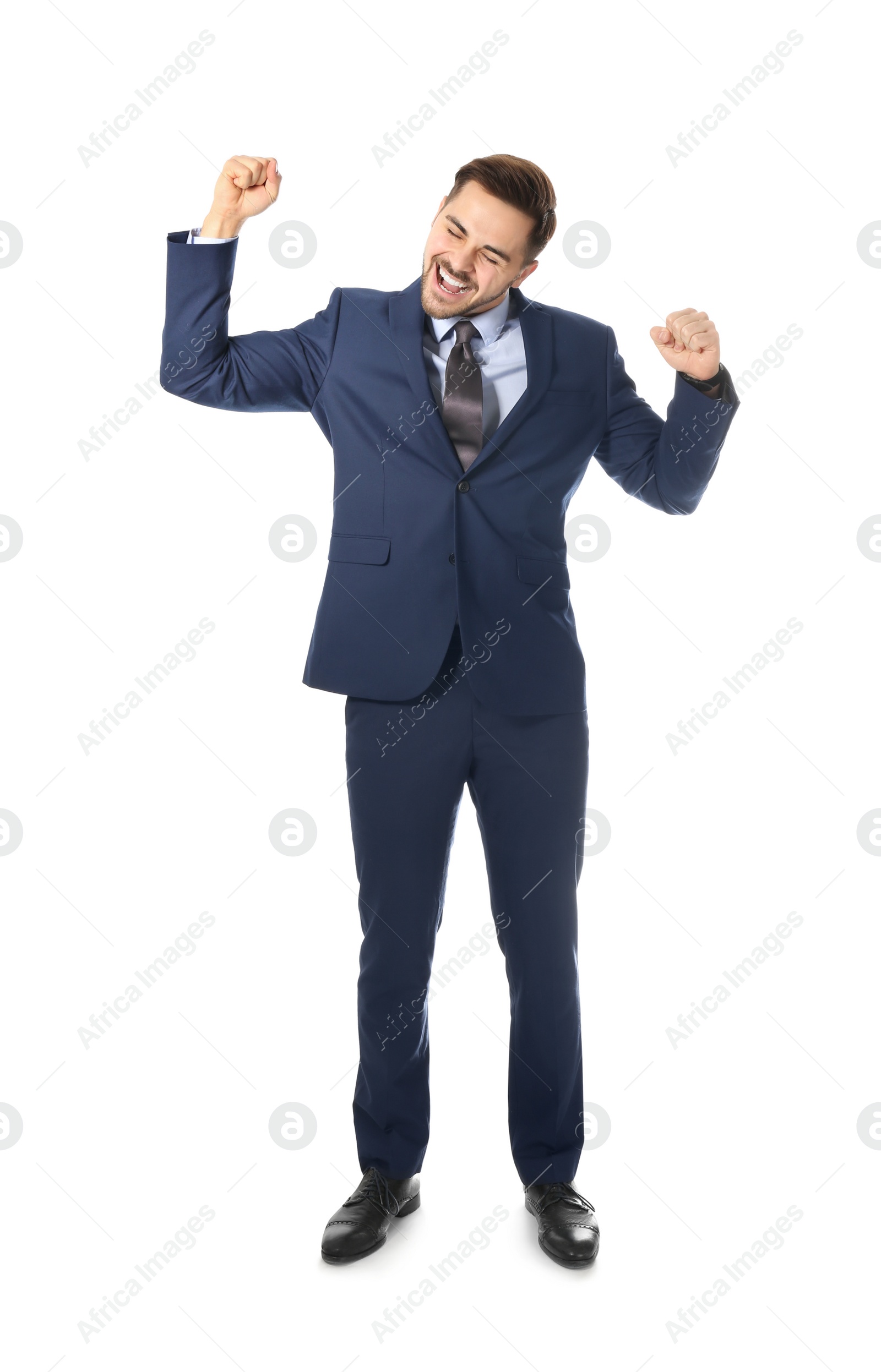 Photo of Full length portrait of emotional businessman on white background