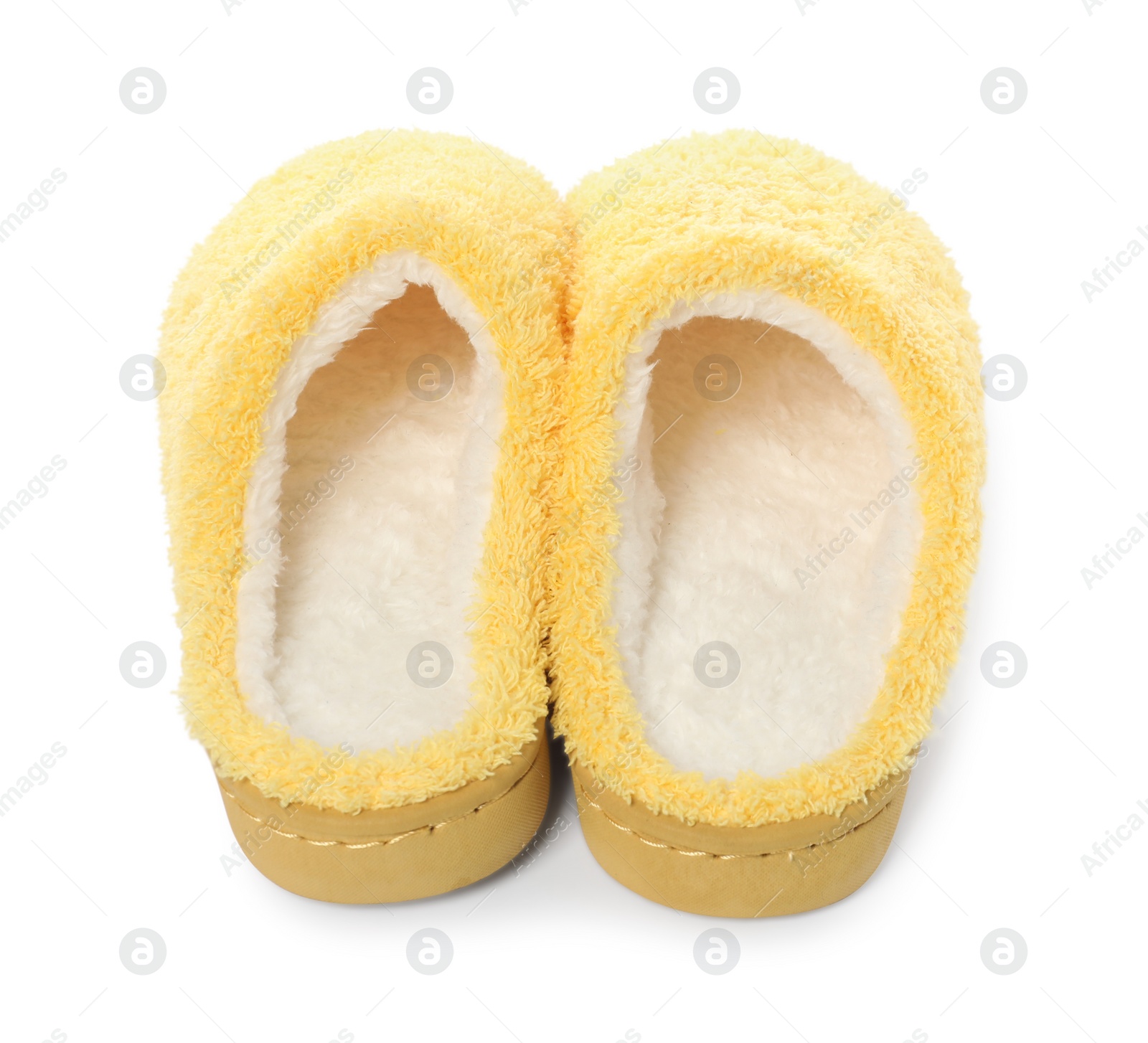 Photo of Pair of yellow soft slippers isolated on white