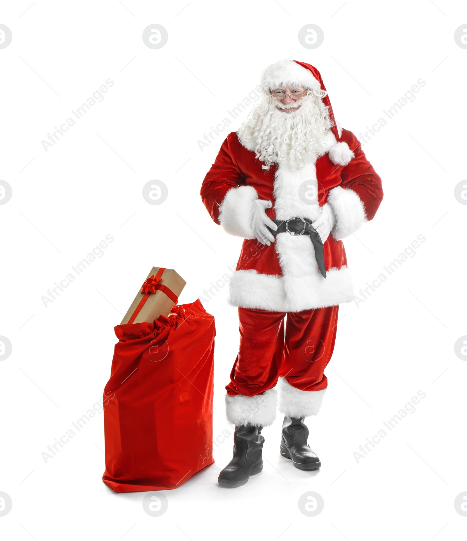 Photo of Authentic Santa Claus with red bag full of gifts on white background
