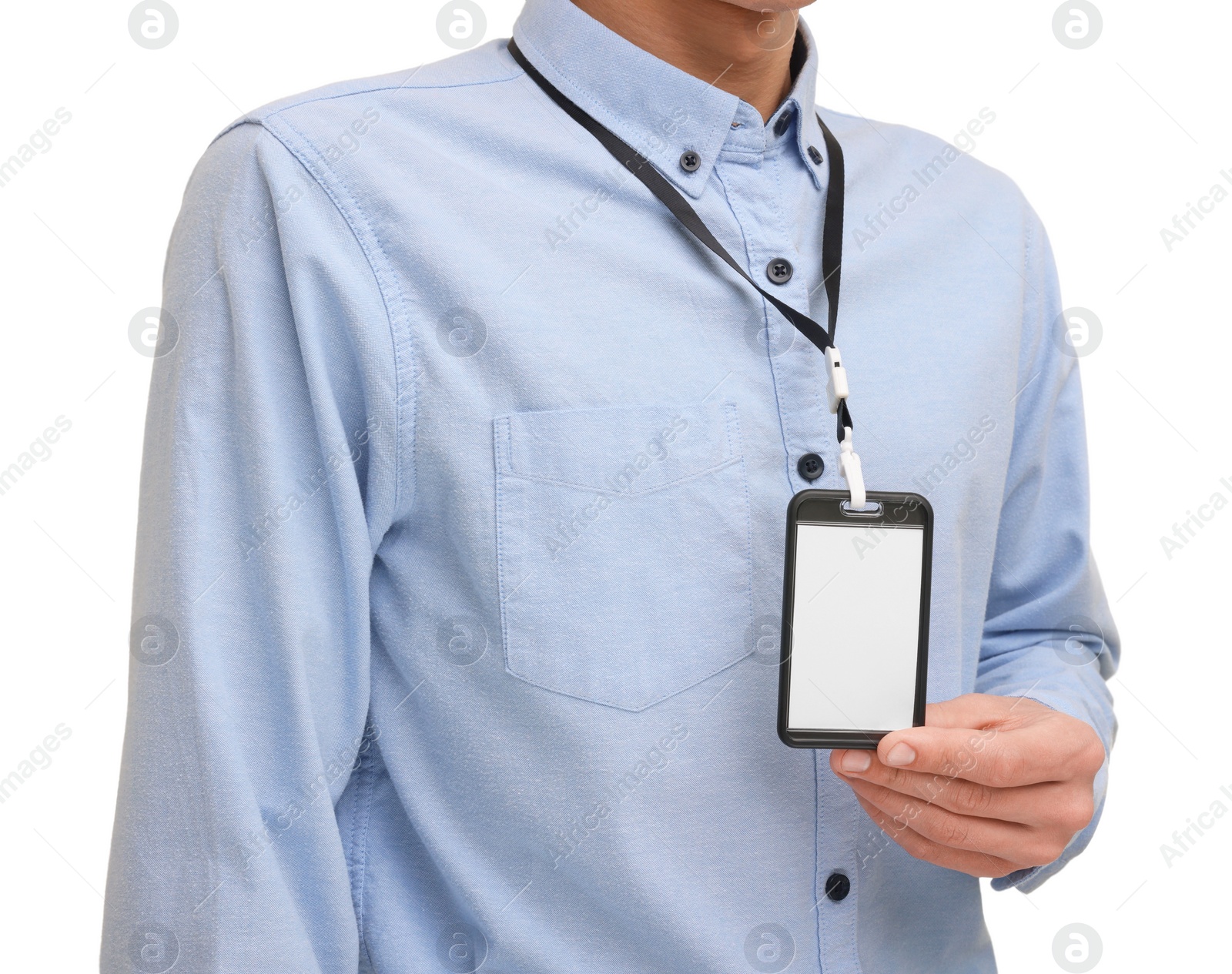 Photo of Man with blank badge on white background, closeup