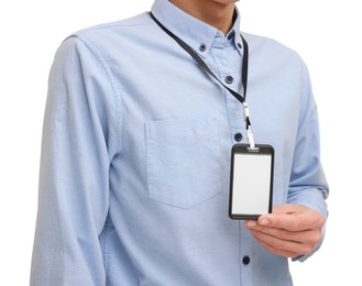 Man with blank badge on white background, closeup