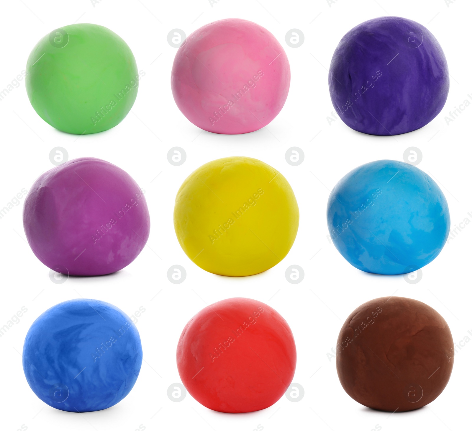 Image of Set with different colorful play dough on white background