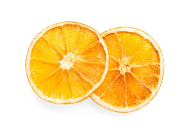 Photo of Delicious dry orange slices on white background, top view