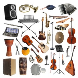 Collection of different musical instruments on white background