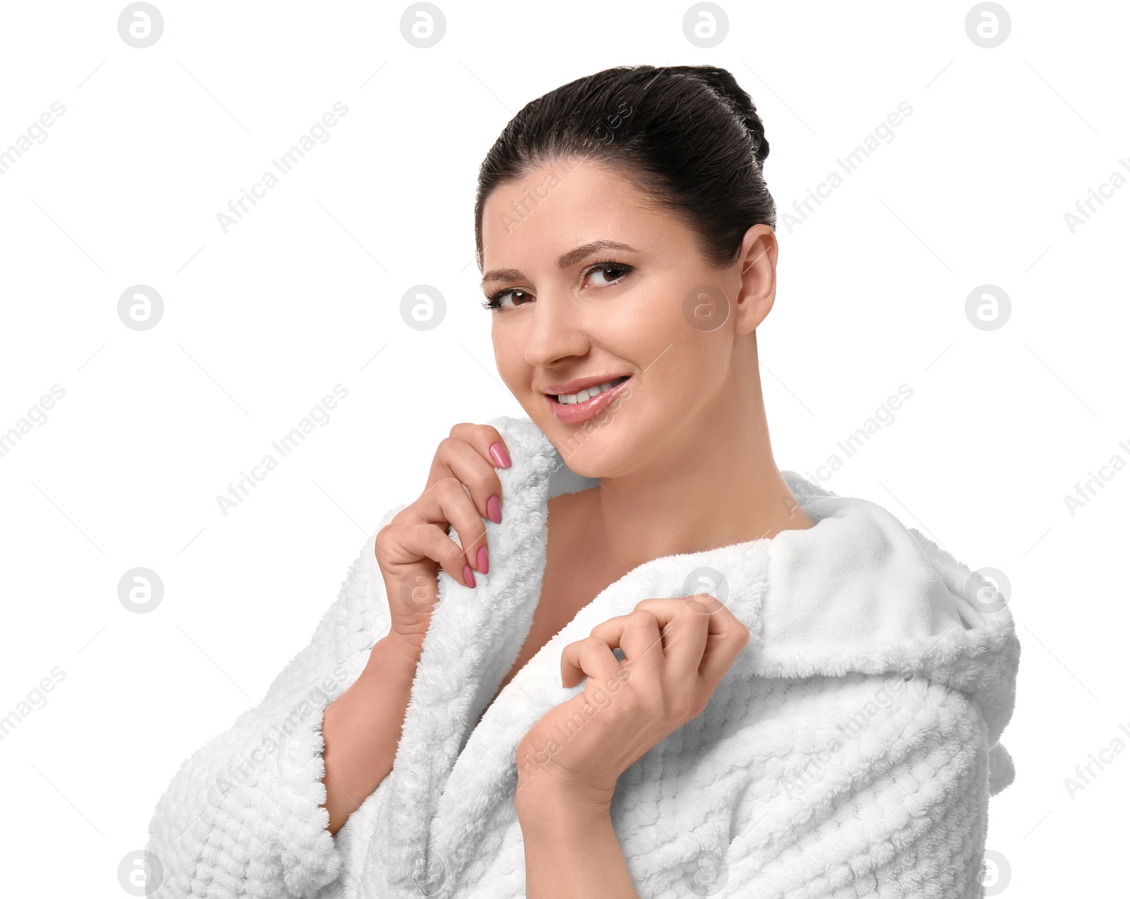 Photo of Beautiful woman with clean perfect skin on white background