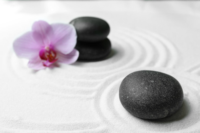 Photo of Black stones and beautiful flower on sand with pattern. Zen, meditation, harmony