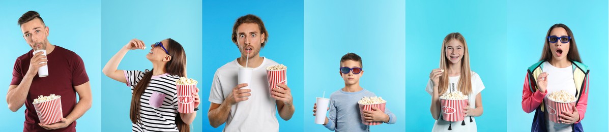 Cinema visiting. Collage with photos of different people on light blue background, banner design