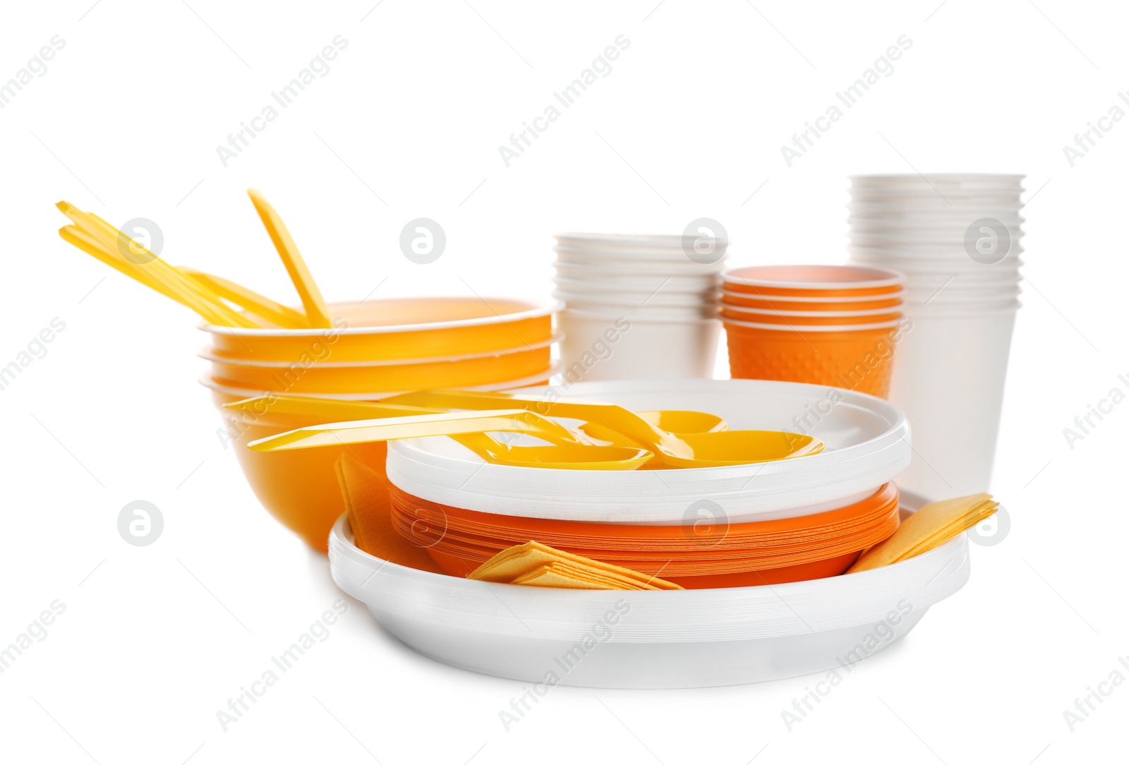 Photo of Plastic dishware isolated on white. Picnic table setting