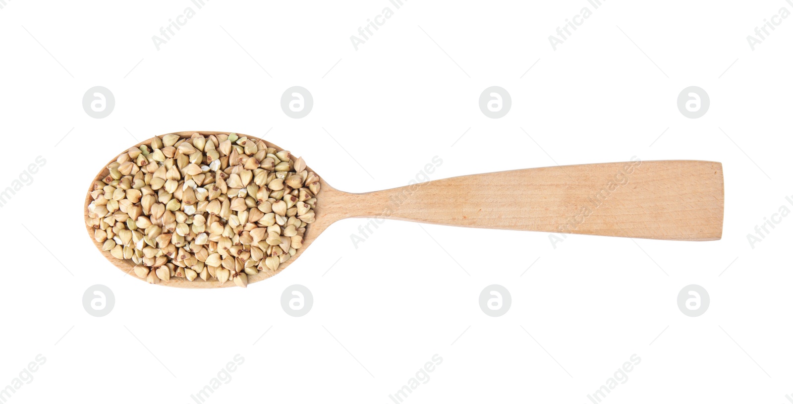 Photo of Uncooked green buckwheat grains in spoon isolated on white, top view