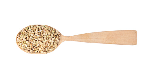 Photo of Uncooked green buckwheat grains in spoon isolated on white, top view