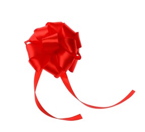 Photo of Red ribbon bow isolated on white. Festive decoration