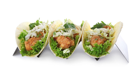 Yummy fish tacos in holder isolated on white