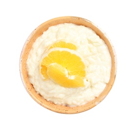 Photo of Creamy rice pudding with orange slices in bowl on white background, top view