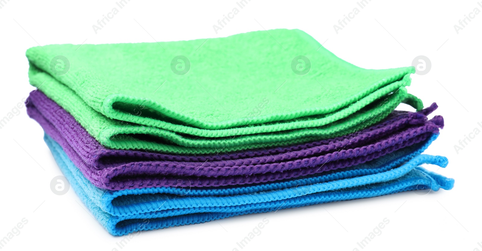 Photo of Many colorful microfiber cloths on white background