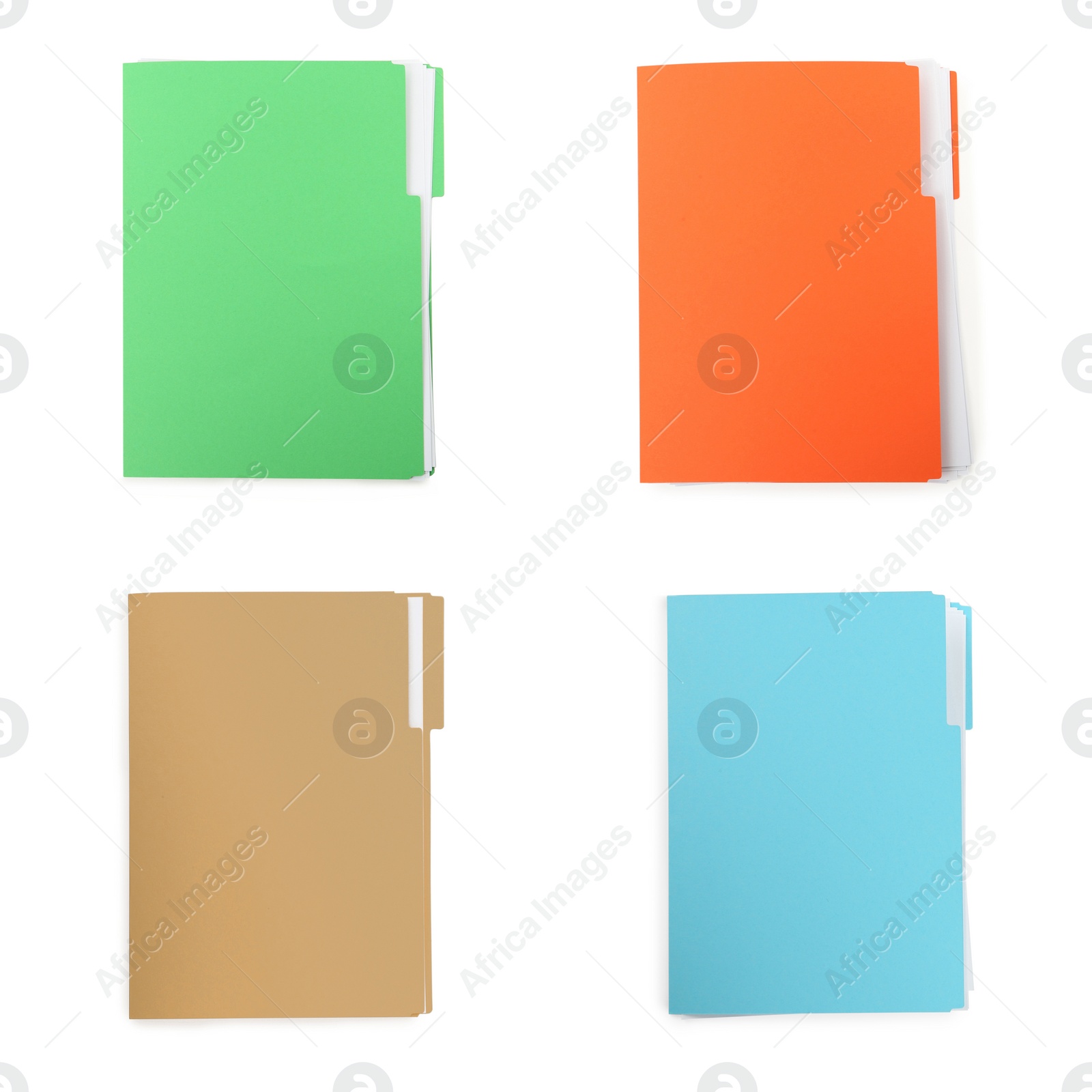 Image of Set of different files with documents on white background, top view