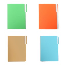 Set of different files with documents on white background, top view