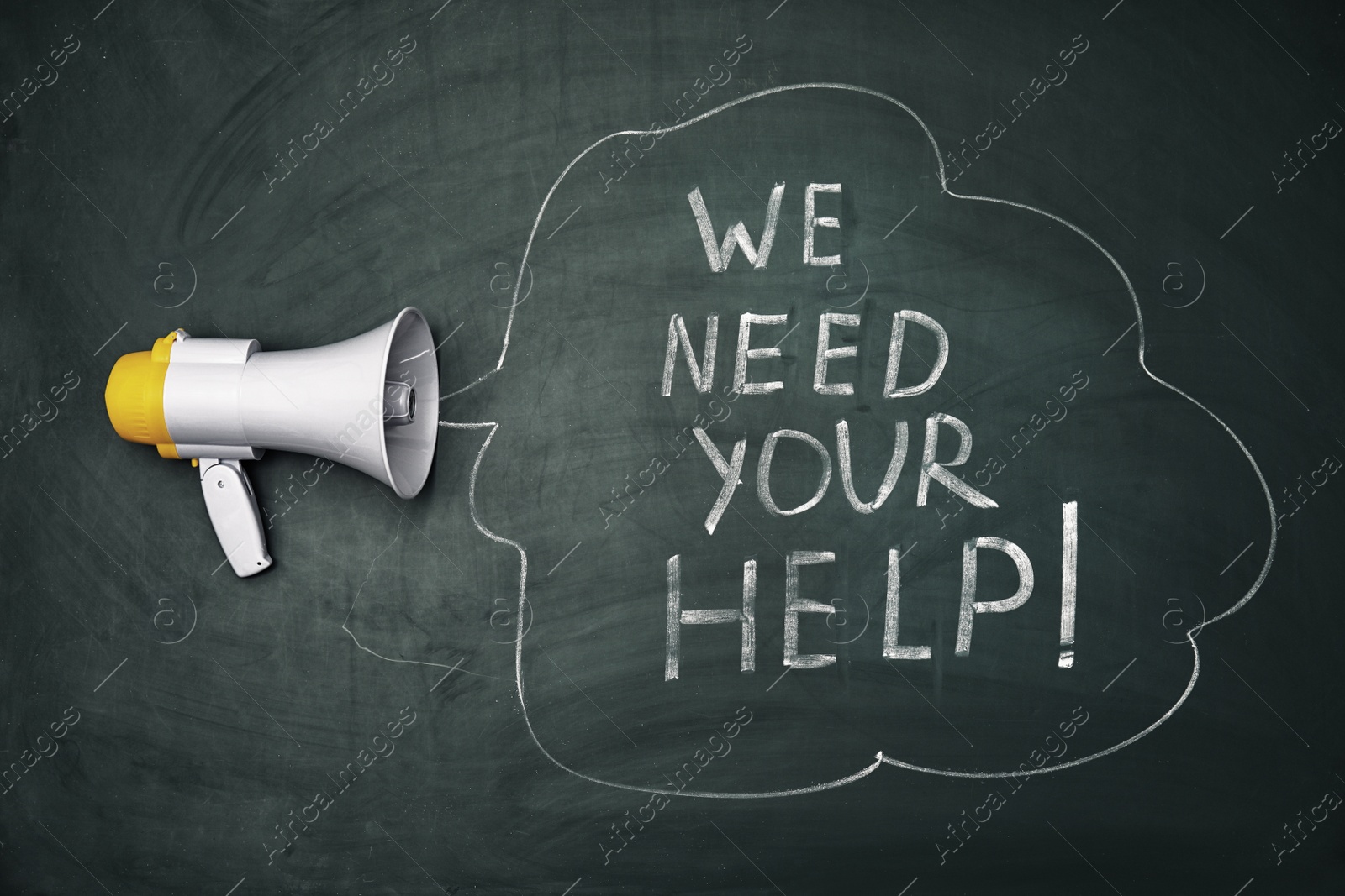 Photo of Phrase "We need your help" and loudspeaker on chalkboard