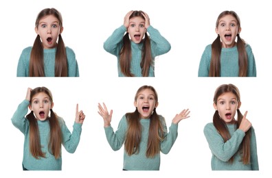 Surprised girl on white background, collage of photos