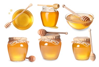 Image of Natural honey, glass jars and dippers isolated on white, set