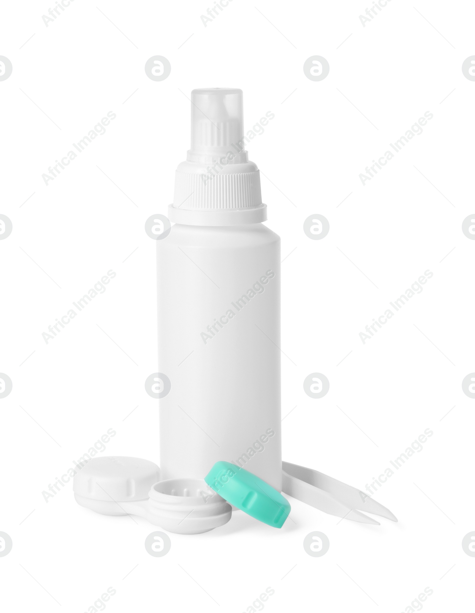 Photo of Case with color contact lenses, bottle of cosmetic product and tweezers isolated on white