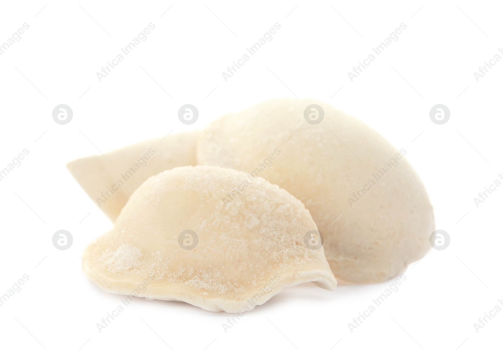 Photo of Raw dumplings with tasty filling on white background