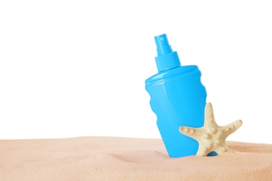 Bottle of sun protection body cream and starfish on white background