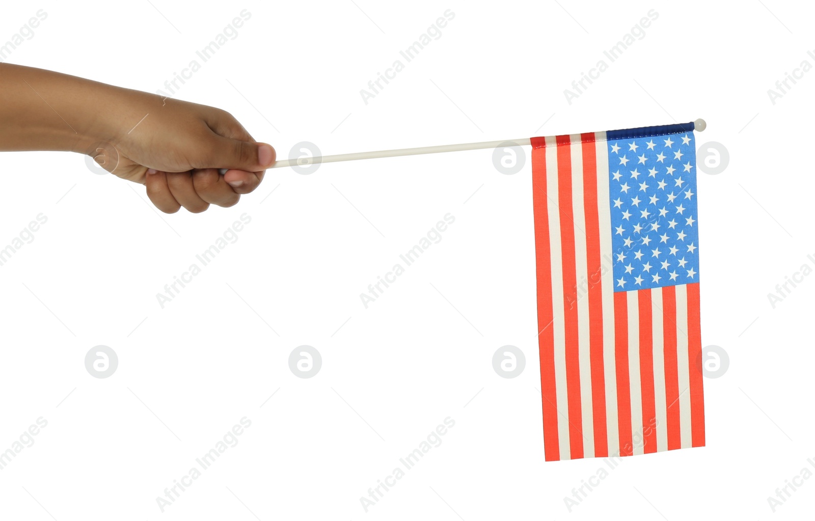Photo of African-American child holding national flag on white background, closeup