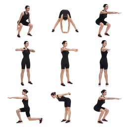 Image of Young woman doing morning exercises on white background, collage design