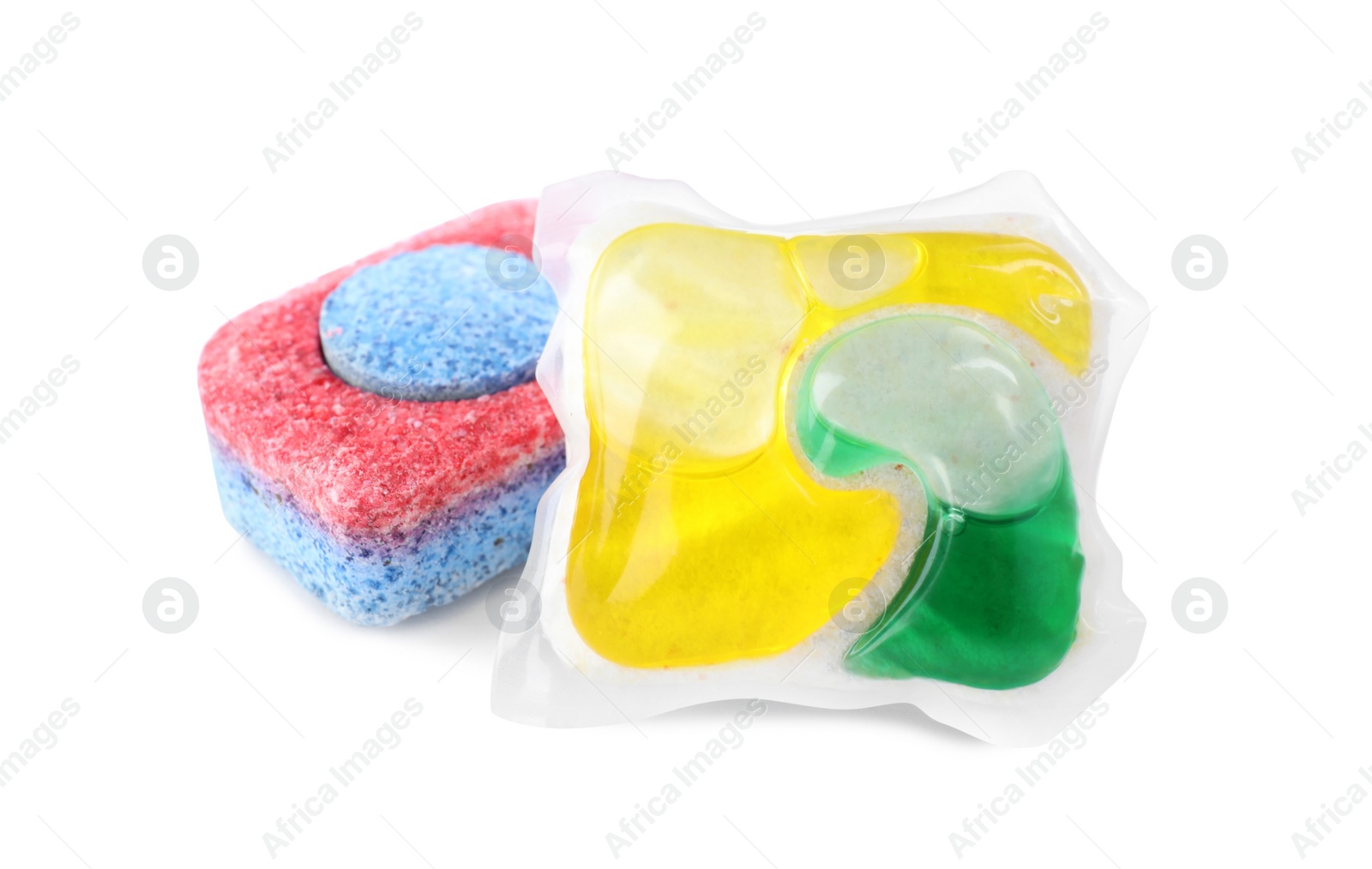 Photo of Dishwasher detergent pod and tablet on white background